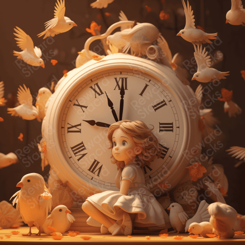 3D girl under the clock and birds
