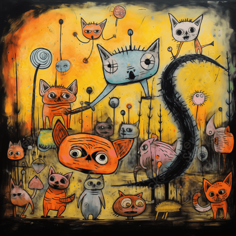 Cat play oil pastel ink