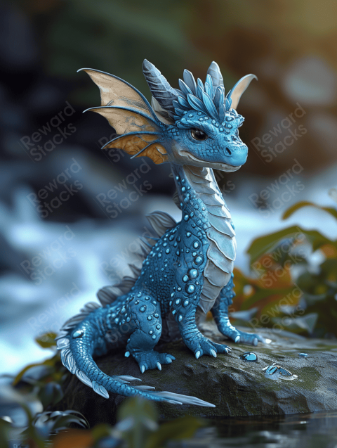 Blue dragon sitting on a river rock